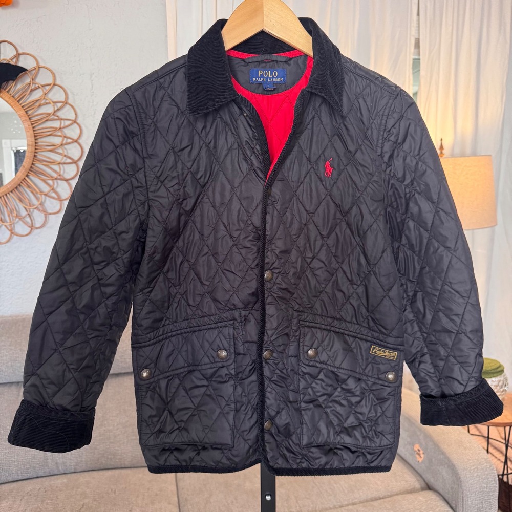 Polo Ralph Lauren Boys Quilted Barn Jacket M 10-12 Black Corduroy Red Lining